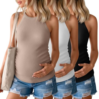 3 Pack Women's Maternity Tank Tops - color: Black, White, Khaki, size: Large