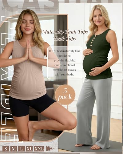 3 Pack Maternity Tank Tops Ribbed Tops - color: Army Green, Khaki, Black, size: Large