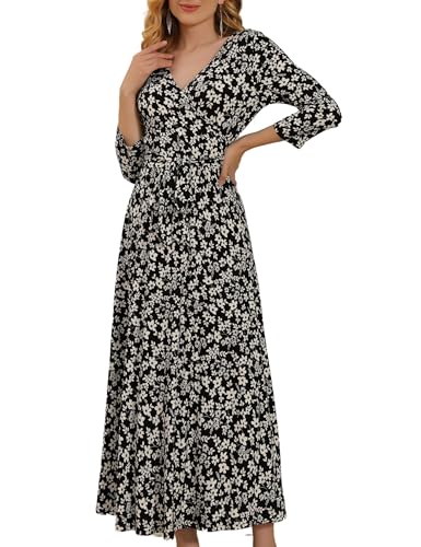 Aphratti Womens 3/4 Sleeve V Neck Faux Wrap Maxi Dress Summer Casual Beach - color: Black/White Floral, size: XX-Large
