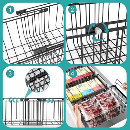 Freezer Organizer Bins, 2 Pack Expandable Stackable Hangable Chest Freezer Containers with Handles, Adjustable From 10.3" to 14.2" Storage Baskets for Fridge, Deep Freezer, Cabinet, Pantry, Kitchen - size: Large