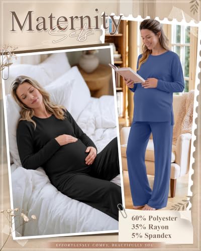Huukeay 2 Pack Maternity Long Sleeve Pajamas Sets - color: Black, Haze Blue, size: X-Large