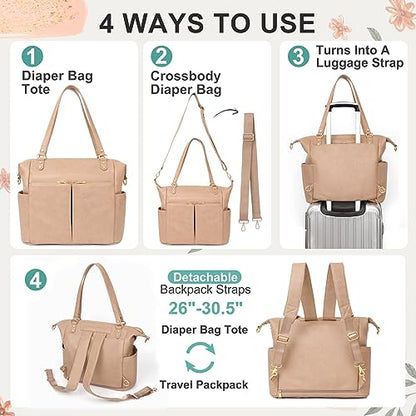 MOMINSIDE Diaper Bag Tote Convertible Diaper Bag Backpack Tote Leather - color: Camel