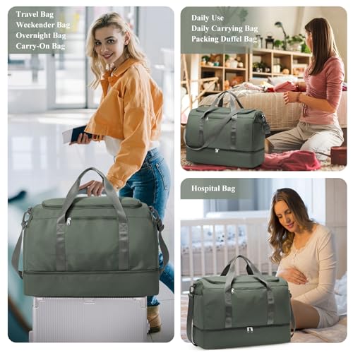 Travel Duffel Bag,Carry-On Overnight Weekender Bags with Shoes Compartment - color: Dark Green, size: Small