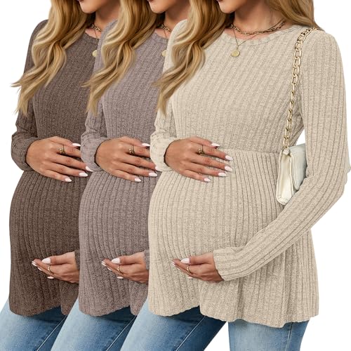 3 Pack Maternity Sweaters Long Sleeve Ribbed Shirts - color: Apricot, Coffee, Dark Camel, size: XX-Large