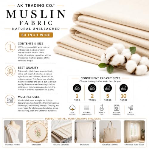 AK TRADING CO. Muslin Fabric/Textile Unbleached - Draping Fabric - Natural 2 Yards Medium Weight - 100% Cotton (63in. Wide) - color: Natural Unbleached, size: 2 Yards