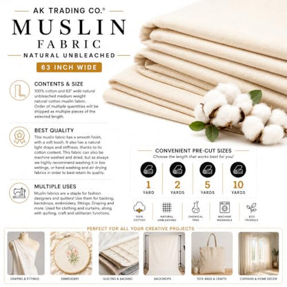 AK TRADING CO. Muslin Fabric/Textile Unbleached - Draping Fabric - Natural 2 Yards Medium Weight - 100% Cotton (63in. Wide) - color: Natural Unbleached, size: 2 Yards
