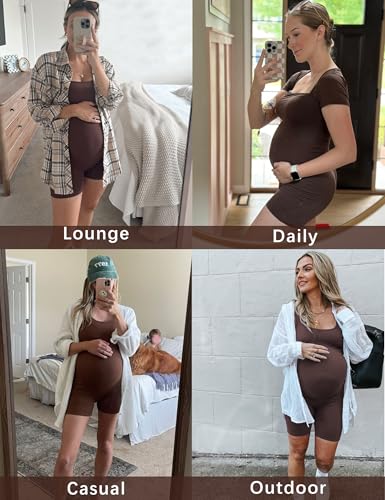 Buttery Soft Maternity Romper, Square Neck Short Sleeve One Piece - color: Brown, size: XX-Large