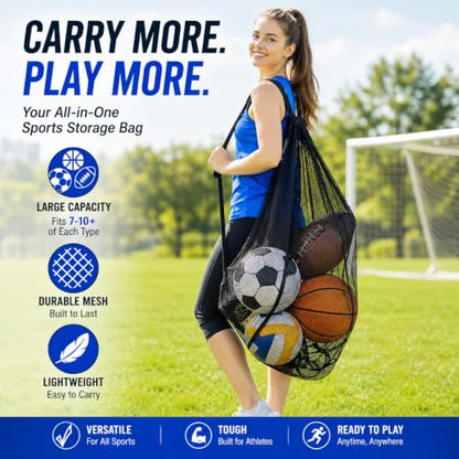 Heavy Duty Mesh Ball Bag, Drawstring Sport Equipment Storage Bag - color: Black-L