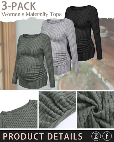 3 Pack Maternity Sweaters Long Sleeve Pregnancy Tops - color: Army Green, Light Gray, Black, size: Large