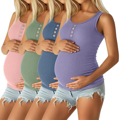 4 Pack Maternity Henley Tank Tops - color: Light Pink, Sage Green, Haze Blue, Lavender, size: Small