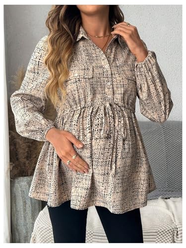 MakeMeChic Women's Maternity Blouse Long Sleeve Belted Button Down Tops - color: Khaki a, size: Medium