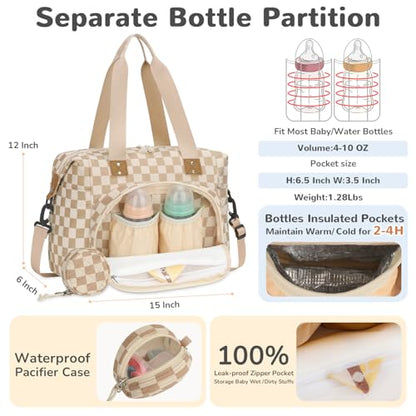 Tenot Diaper Bag Tote, Baby Bag with Pacifier Case, Khaki Checkered - color: Khaki Checkered