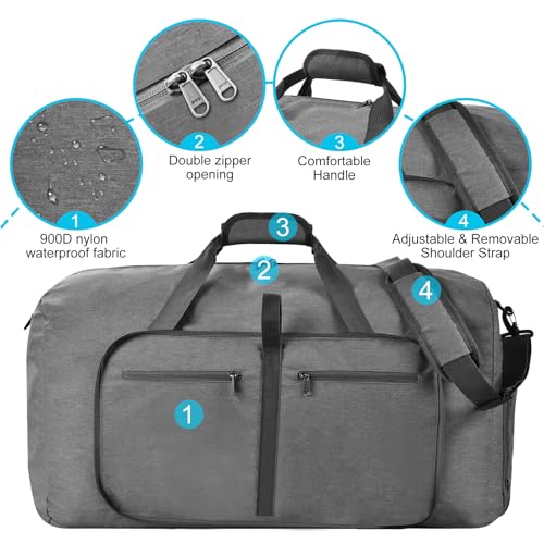Felipe Varela Foldable Duffle Bag for Travel Weekend Overnight Gym Camping - color: C Gray, size: 65L
