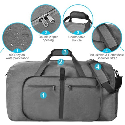 Felipe Varela Foldable Duffle Bag for Travel Weekend Overnight Gym Camping - color: C Gray, size: 65L