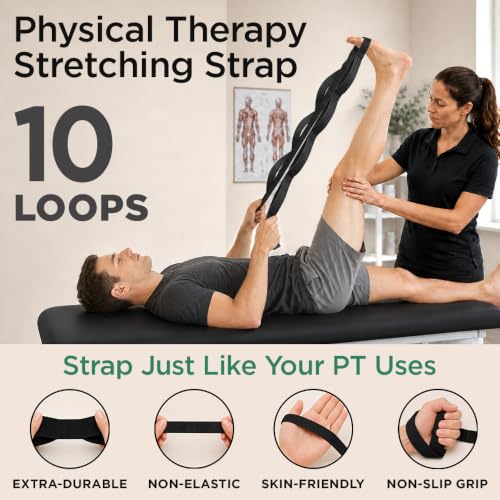 TECEUM Stretching Strap with 10 Loops for Physical Therapy & Rehab - color: Black, size: Polypropylene 1” W - 10 Loops