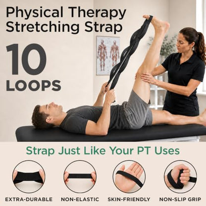 TECEUM Stretching Strap with 10 Loops for Physical Therapy & Rehab - color: Black, size: Polypropylene 1” W - 10 Loops
