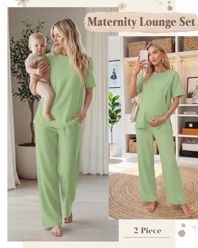2Pc Postpartum Nursing Pajamas Set - color: Light Green, size: Large