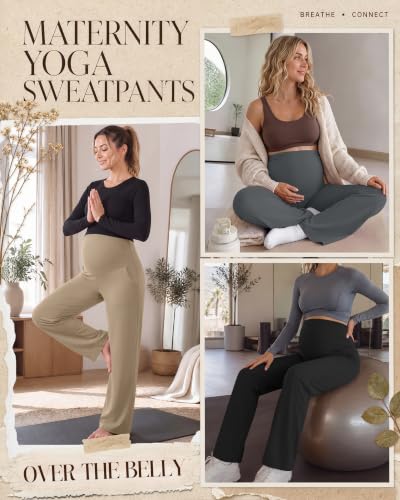 3 Pack Women's Maternity Yoga Pants with Pockets - color: Black, Dark Gray, Khaki, size: Medium