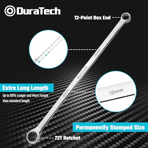 DURATECH 19mm Extra Long Ratcheting Wrench, Metric, CR-V Steel - color: Chrome-plated, size: 19mm