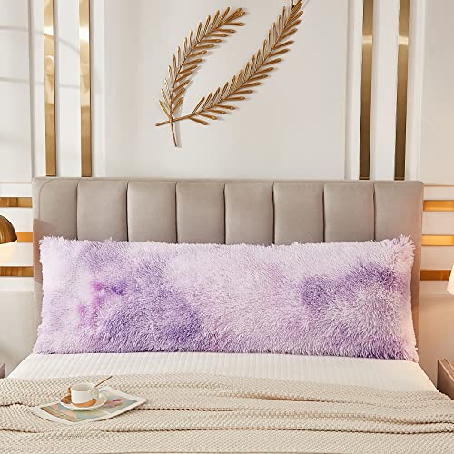 JAUXIO Faux Fur Fluffy Body Pillow Cover Luxury Shaggy Plush Decorative Body Pillowcase, Ultra Soft and Cozy Zipper Closure 21 x 54 Inches, Tie Dye Lilac - color: Tie Dye Lilac