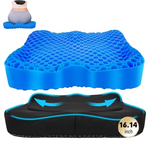 NEW-Vi Gel Seat Cushion, Thickened Big Breathable Honeycomb Design Absorbs Pressure Points Gel Cushion with Anti-Slip Cover Seat Cushion for Office Chair Home Car Seat Cushion - color: Blue, size: X-Large(16.1"*14.2"*2.95")
