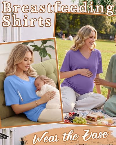 4 Pack Women's Nursing Short Sleeve Shirts - color: Sky Blue, Purple, Light Brown, Black, size: Small