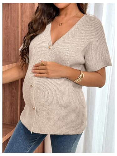 MakeMeChic Women's Maternity Summer Clothes V Neck Sweater Short Sleeve Button Pregnancy Tops - size: Small