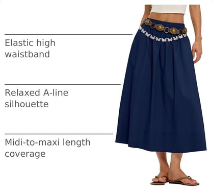 LOMON Midi Skirts for Women with Pockets A-Line Cotton Flowy Elastic Waist - color: Navy Blue, size: Small
