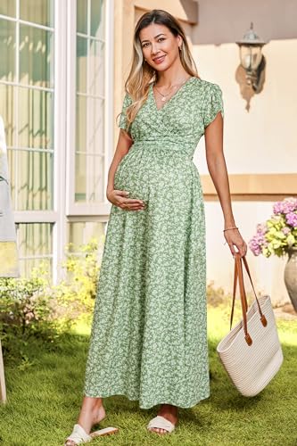 OUGES Women's Wrap V Neck Summer Maternity Photoshoot Dress with Pockets - color: Green Floral, size: Medium