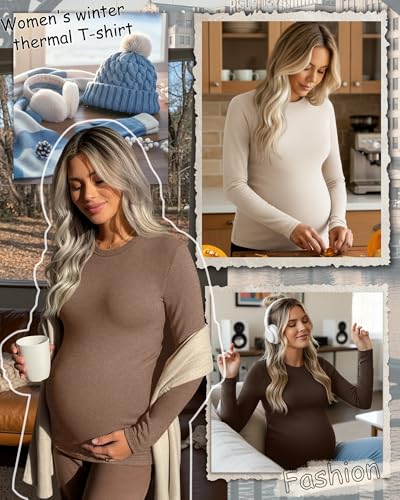 3 Pack Women's Thermal Maternity Shirts - color: Apricot, Camel, Brown, size: X-Large