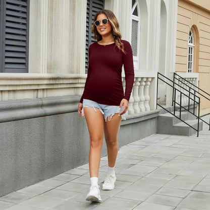 Bhome Women's Maternity Shirts 3 Packs Long Sleeve Pregnancy Tops Basic Side Ruched Tunic Blouse - color: Black/Burgundy/Charcoal Gray, size: Large