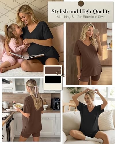2 Pack Women Maternity Set Pregnancy Outfit - color: Coffee, Black, size: Small