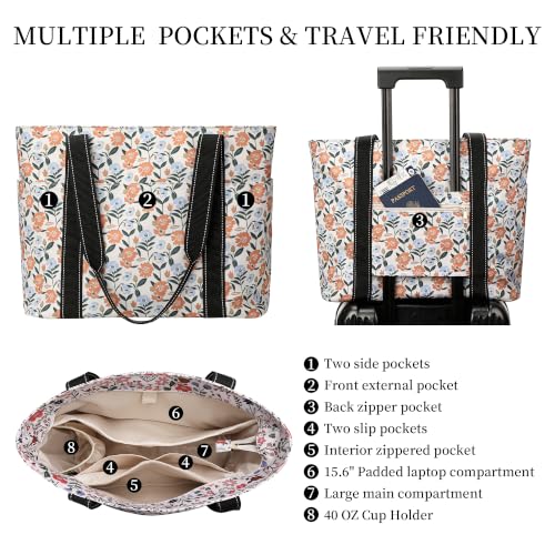Tote Bag for Women with LaptopCompartment & Cup Holder - color: Amber Blooms