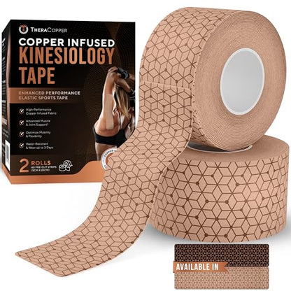 TheraCopper Copper Infused Kinesiology Tape - 2 Rolls, 40 Precut Strips - color: Tan