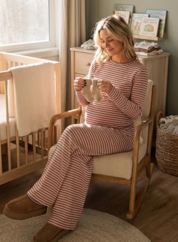 BLENCOT Maternity 2 Piece Outfits Striped Long Sleeve Pregnancy Set - color: Pink, size: Medium