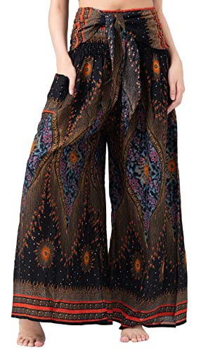 B BANGKOK PANTS Women's Boho Palazzo Pants - color: Black Peacockeye, size: One Size