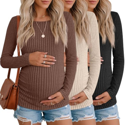 3 Pack Maternity Sweaters Long Sleeve Pregnancy Tops - color: Dark Brown, Apricot, Black, size: Small