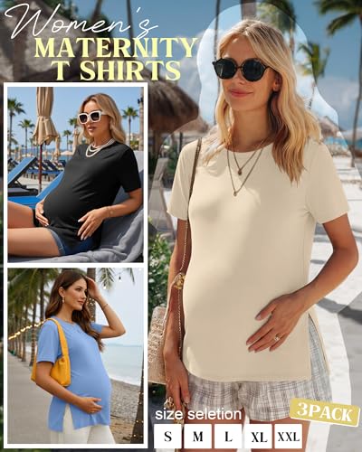 Ficerd 3 Pack Women's Maternity T Shirts - color: Black, Cream, Sky Blue, size: XX-Large