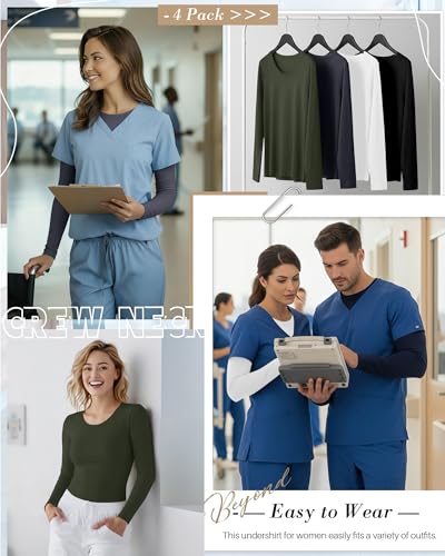 Xaatren 4 Pack Women's Underscrub Long Sleeve Nurse Shirts - color: Black, White, Dark Gray, Army Green, size: X-Small