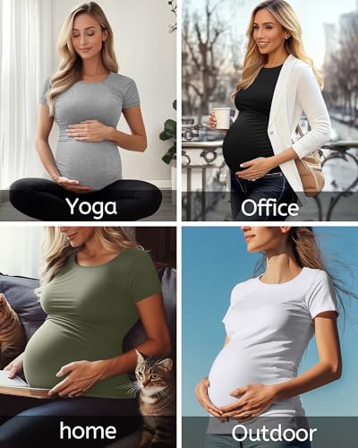 Huukeay 4 Pack Women's Short Sleeve Maternity Tops - color: Black, Army Green, Light Heather Gray, White, size: Small