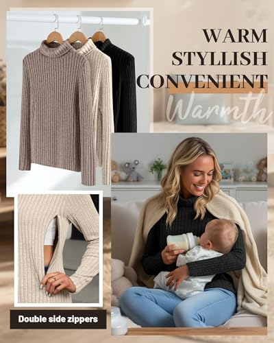 3 Pack Womens Turtleneck Nursing Tops Ribbed Sweaters - color: Coffee, Apricot, Black, size: Large