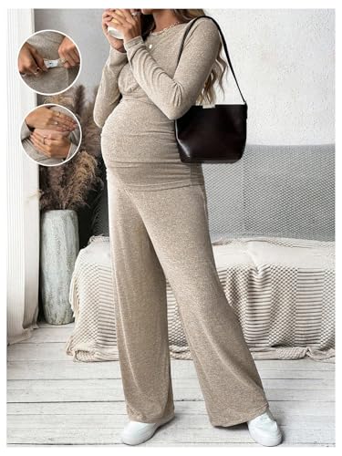 OYOANGLE Women's Maternity Sets 2 Piece Fall Long Sleeve Top and Pants Set - color: Apricot, size: Medium