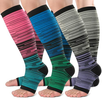 bropite Open Toe Compression Socks for Women，3 Pairs Toless Knee-High Socks - color: B-stripe Open, size: Large-X-Large