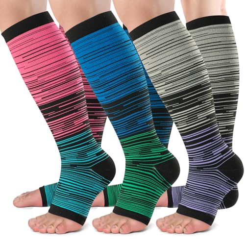 bropite Open Toe Compression Socks for Women，3 Pairs Toless Knee-High Socks - color: B-stripe Open, size: Small-Medium
