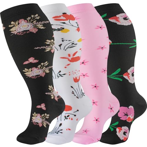 bropite Plus Size Compression Socks For Women&Men,Wide Calf Knee High Socks - color: 09 4 B-p-w-b Flower Plus, size: 4X-Large