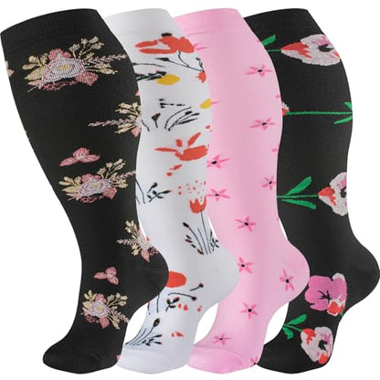 bropite Plus Size Compression Socks For Women&Men,Wide Calf Knee High Socks - color: 09 4 B-p-w-b Flower Plus, size: 4X-Large