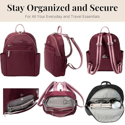 Baggallini Securtex® Anti-theft Vacation Travel Backpack 10x13 Daypack w/Locking Zippers & RFID Wallet Slash-Resistant - color: Jam/Dusty Mauve