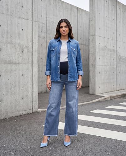 Maternity Jeans Wide Leg Baggy Denim Pants - color: Dark Blue, size: Large