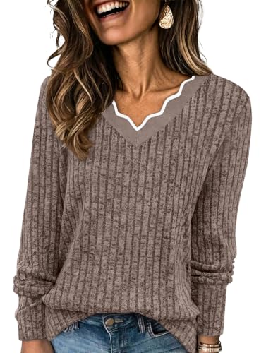 WIHOLL Long Sleeve Womens Shirts Lightweight Fall Tunic Top V Neck Sweaters - color: 01-khaki, size: Medium