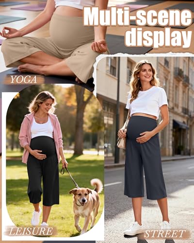 3 Pack Women's Maternity Capris - color: Black, Charcoal Gray, Khaki, size: Medium